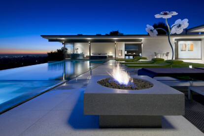 Hopen Place Hollywood Hills luxury mid-century modern home with infinity pool terrace
