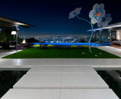 Hopen Place Hollywood Hills modern backyard design with walkways, outdoor art, terrace lounge & swimming pool