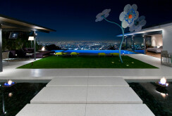 Hopen Place Hollywood Hills modern backyard design with walkways, outdoor art, terrace lounge & swimming pool