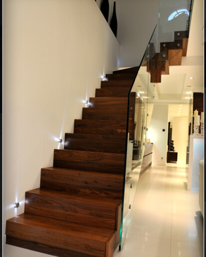 Queens Gardens Straight Metal Staircase - treads and risers clad with american walnut