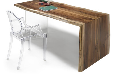 Solid Black walnut live edge desk with waterfall design and clear plexi base