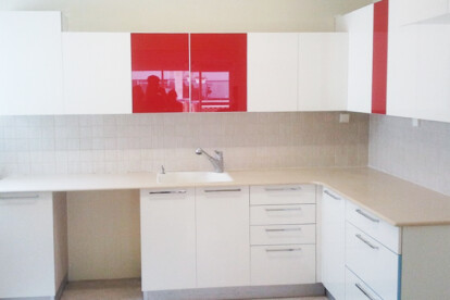 Shiny Formica kitch  - brilliant white gloss with red color combined