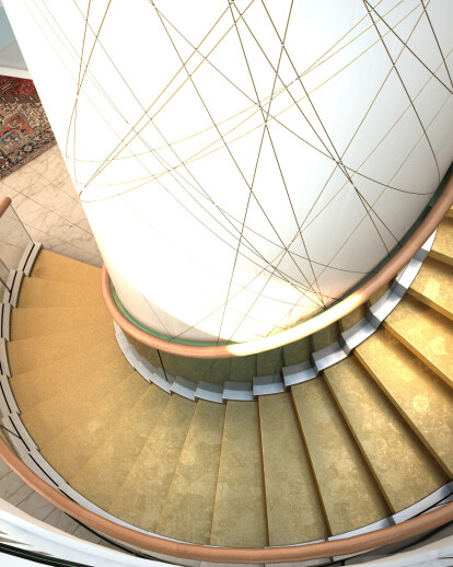 Luxury helical staircase with gold leave treads and curved glass railings