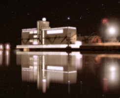 grain silo Ewa converted into contemporary theatre of Szczecin night view