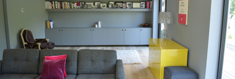 Living Room with Built-in Storage in Renovated & Extended 1960s Property in Haslemere, Surrey