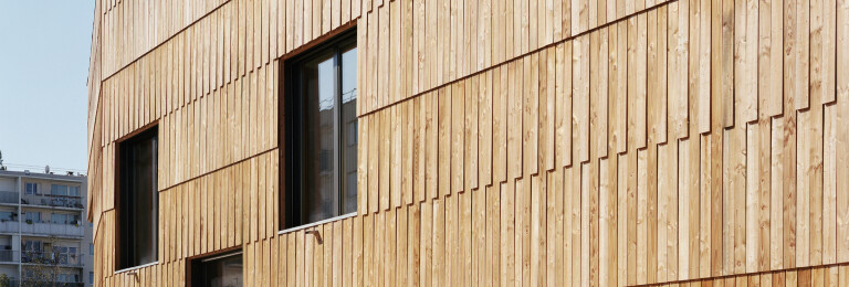 Wooden cladding around the entrance