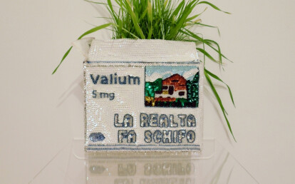 "Valium" embroidered flowerpot by Studio Daniel Gonzalez inc