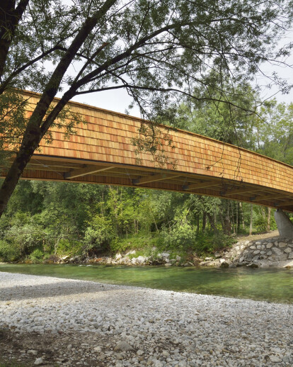 The bicycle bridge across the Sava River in Bohinjska Bistrica