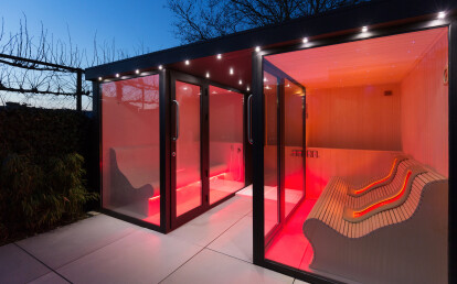 2-person outdoor sauna, steam room and outdoor shower