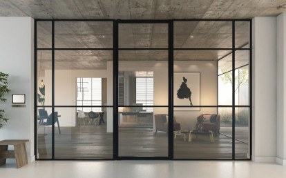 Portapivot 3530 fixed glass partitions with a Portapivot 5730 pivot door in the middle