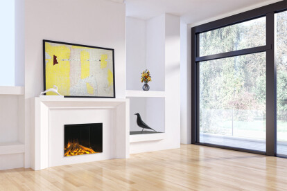 Push and Pull: in this installation of an E32H electric fireplace, the minimalist mantel pushes out into the space while the built-in shelves recede into the wall creating architectural intrigue as well as practical storage.