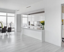 KITCHEN AND LIVING AREA with floor-to-ceiling bookshelf custom designed by Giusi Mastro