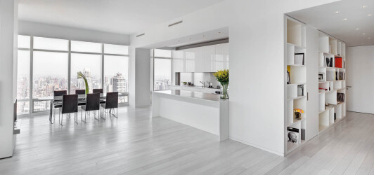 KITCHEN AND LIVING AREA with floor-to-ceiling bookshelf custom designed by Giusi Mastro