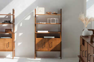 Mid century bookcase FRISK Midi with an open cabinet