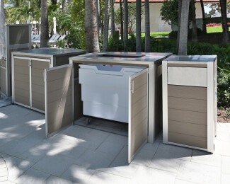Weatherproof POS and Pool Towel Cabinet, Towel Return Cart Enclosure and Modern Trash or Recycling Receptacle