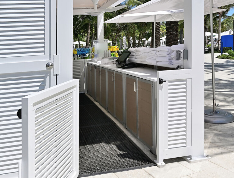 Custom Weatherproof Resort and Waterpark Pool Kiosk Desk and Locking Cabinets