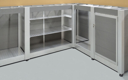 Large Valet Desk and Receiving Counters with hidden trash bin, key locker, package storage, and fridge nook