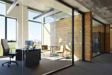 MIMO center glazed office front with black anodized aluminum extrusions, polycarbonate joints and frameless hinged doors.