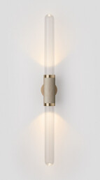Scandal Wall Sconce Tall Brass, latte leather inlay, clear fluted shades