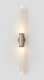 Scandal Wall Sconce Tall Brass, latte leather inlay, snow shades