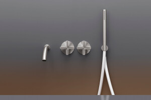 CRX23 - Wall mounted 2 progressive mixers set for bathtub with spout L. 170 mm and cylindrical hand shower Ø 18 mm