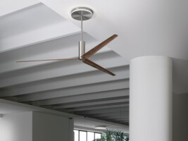 ARC03 - Ceiling fan (Ø 2100 mm) in AISI 316L stainless steel, with wood and carbon fiber blades, natural wood essence or lacquered. Integrated LED lighting, loudspeakers for Bluetooth connection and ionization/ozonation system technology