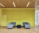 Colorful acoustic, feature wall and resilient furniture.