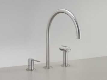 INV83 - Three-hole mixer with swivelling spout and pull-out hand shower with automatic undertop diverter