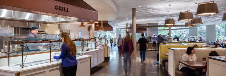 Ceilume ceiling panels are used over the food service areas as well as adjacent seating in the new Dining Commons at Mount Holyoke College. The thermoformed panels meets stringent food safety standards for hygiene and washability.