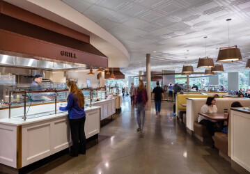 Ceilume ceiling panels are used over the food service areas as well as adjacent seating in the new Dining Commons at Mount Holyoke College. The thermoformed panels meets stringent food safety standards for hygiene and washability.