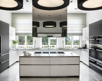 MAIN KITCHEN - base cabinetry, upper cabinetry, sink, cooktop, island, faucet, tall units, hood: by Boffi ; ovens by Gaggenau; flooring: Bianco Lasa marble by Antolini; lighting by iGuzzini