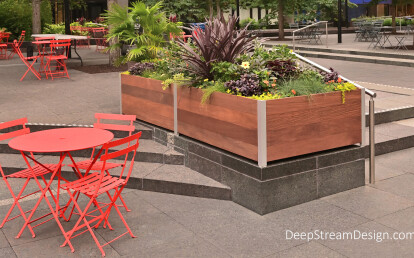 Extra large Planter creates a restaurant barrier on steps of urban plaza