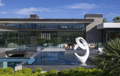 Serenity Indian Wells luxury modern glass wall home backyard pool terrace