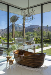 Serenity Indian Wells luxury desert home modern spa style bathroom with lacquered wooden bathtub