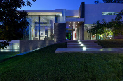 Summit House Beverly Hills luxury modern mansion with glass wall exterior & front entrance
