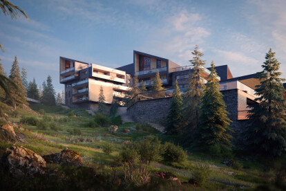 3d exterior rendering of a ski resort surrounded by a forest