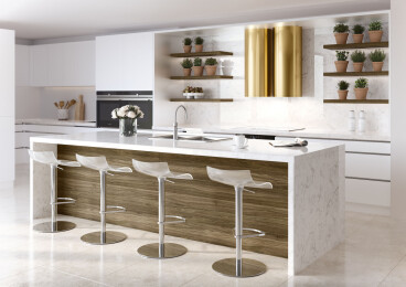 lifestyle modern kitchen with Amoretti Brothers brass cylinder range hood Olivia