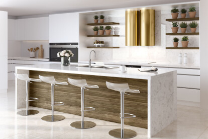 lifestyle modern kitchen with Amoretti Brothers brass cylinder range hood Olivia