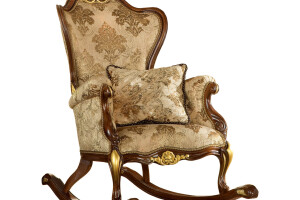 Rocking armchair in natural walnut wood and gold leaf finishes by Modenese