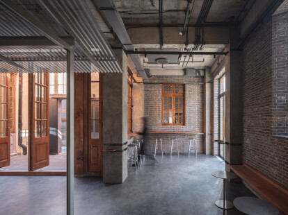 Traditional Chinese roof tiles decorate Blue Bottle Coffee shop in Shanghai
