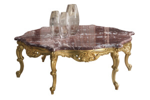 Figured hexagonal coffee table with French Red marble top by Modenese