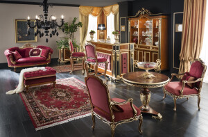 Two seater red velvet sofa with baroque heading by Modenese Interiors