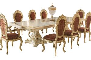 Venetian dining table in ivory finish and customized inlay by Modenese