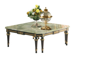 Square coffee table with Green Onyx top and walnut finish by Modenese Luxury