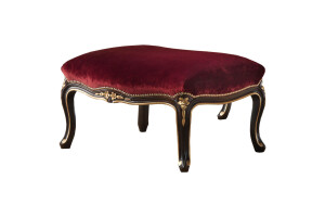 Red satin and dark walnut finish footstool by Modenese Gastone Interiors