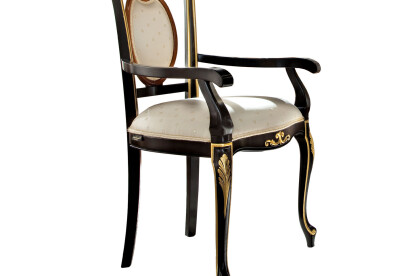 Rococo chair with armrests in black and gold finish by Modenese Gastone