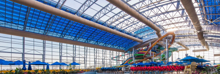 Epic Waters Waterpark: The retractable roof building is entirely Aluminum, saves money to operate, is filled with fresh air and sunshine!