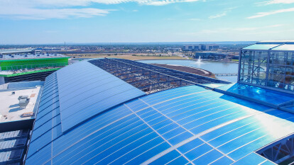 50m Span Aluminum Retractable Roof, Polycarbonate Infill  DRONE view