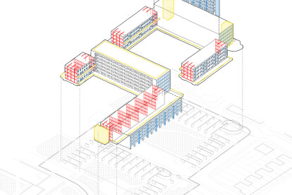 Axonometric showing possible levels of intervention; structural, refurbishment, façade upgrades, private amenity, services