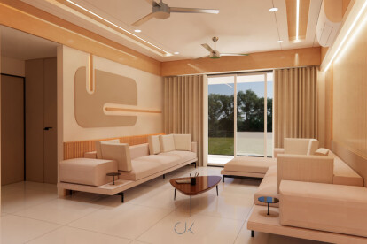 Minimalist interior design of a project based in Rajkot. Clean lines and soothing material palette